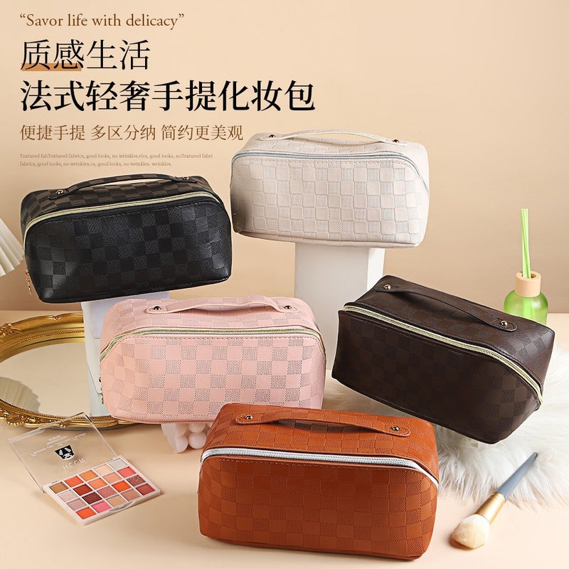 Pu Leather Cosmetic Bag Multifunctional Checkerboard Pillow Bag Large Capacity Waterproof Travel Portable Toiletry Bag - Image 3